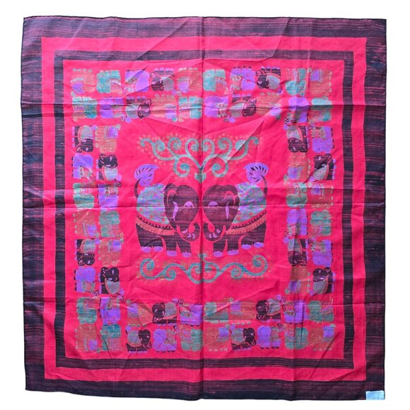 Vintage Thai Silk Elephant Scarf Vibrant Red & Black Design Taiwan - Picture 4 of 16